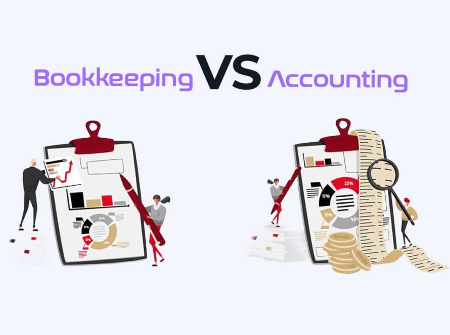Illustration showing the difference between Bookkeeping and Accounting, with financial charts, reports, and analysis tools.