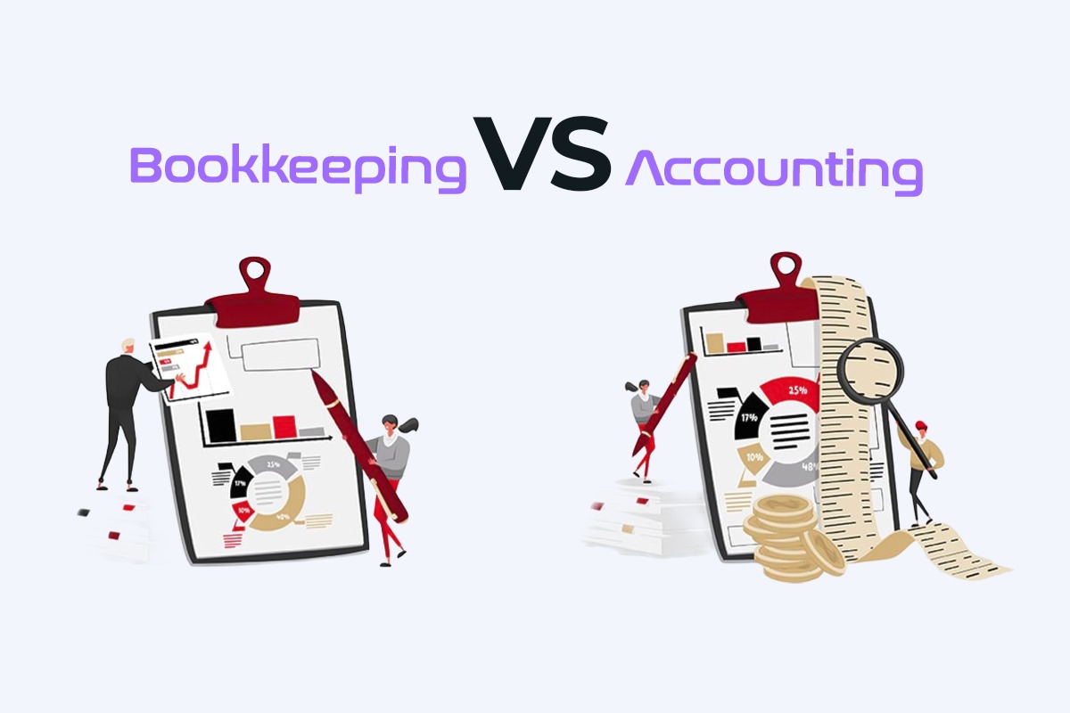 Illustration showing the difference between Bookkeeping and Accounting, with financial charts, reports, and analysis tools.
