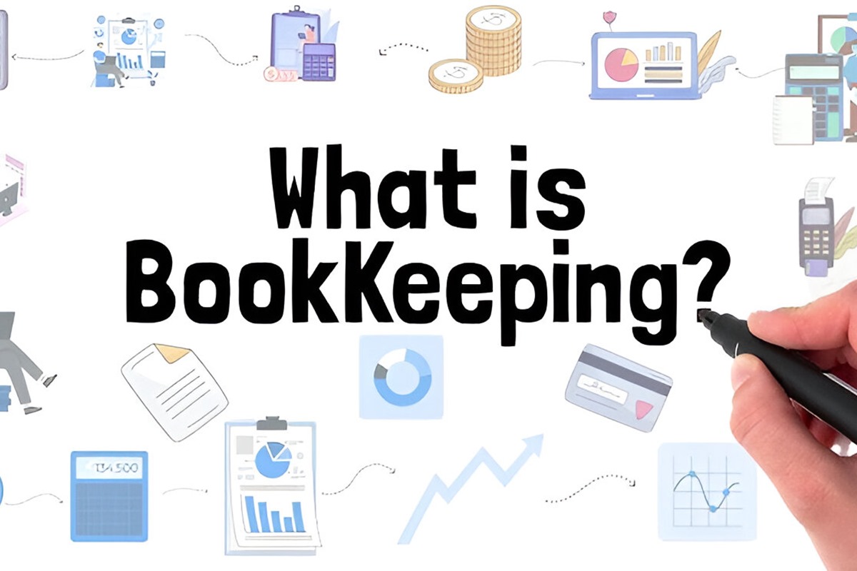 Handwriting the phrase What is Bookkeeping with icons of calculator, charts, money, and financial records in the background.